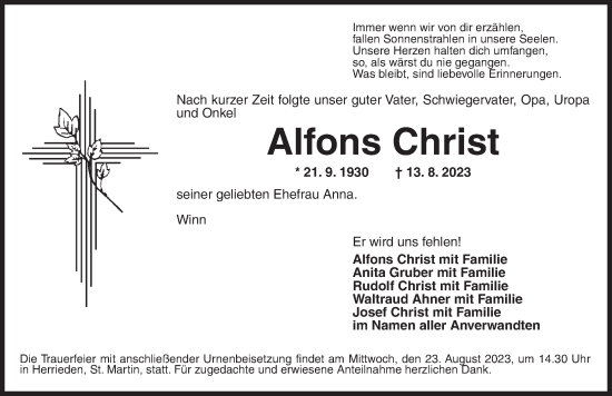 Traueranzeige von Alfons Christ von Ansbach