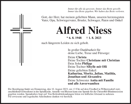 Traueranzeige von Alfred Niess von Neustadt/ Scheinfeld/ Uffenheim