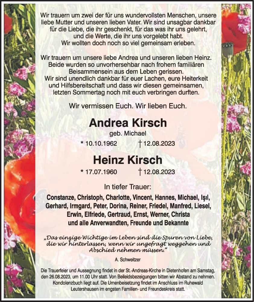  Traueranzeige für Andrea Kirsch vom 23.08.2023 aus Ansbach