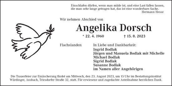 Traueranzeige von Angelika Dorsch von Ansbach