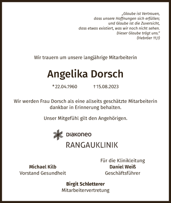 Traueranzeige von Angelika Dorsch von Ansbach