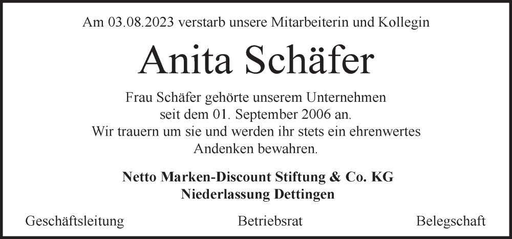  Traueranzeige für Anita Schäfer vom 19.08.2023 aus Dinkelsbühl/ Feuchtwangen