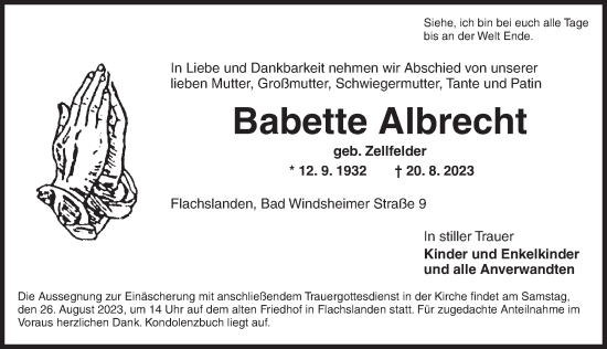 Traueranzeige von Babette Albrecht von Ansbach