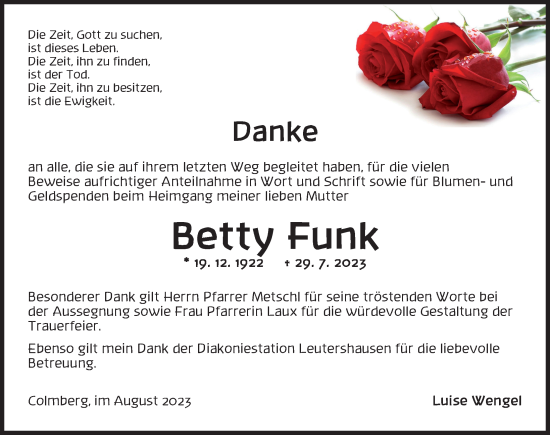 Traueranzeige von Betty Funk von Ansbach