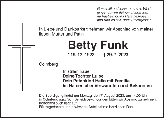 Traueranzeige von Betty Funk von Ansbach