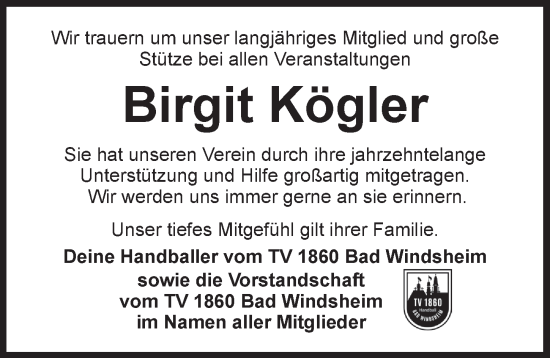 Traueranzeige von Birgit Kögler von Neustadt/ Scheinfeld/ Uffenheim