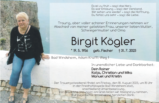 Traueranzeige von Birgit Kögler von Neustadt/ Scheinfeld/ Uffenheim