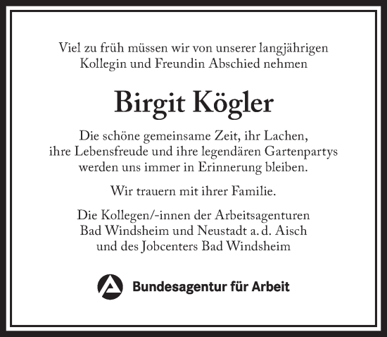 Traueranzeige von Birgit Kögler von Neustadt/ Scheinfeld/ Uffenheim