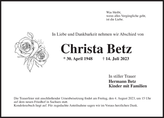 Traueranzeige von Christa Betz von Ansbach