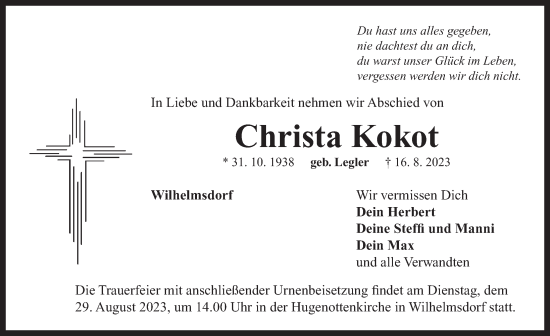 Traueranzeige von Christa Kokot von Neustadt/ Scheinfeld/ Uffenheim