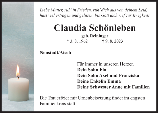 Traueranzeige von Claudia Schönleben von Neustadt/ Scheinfeld/ Uffenheim