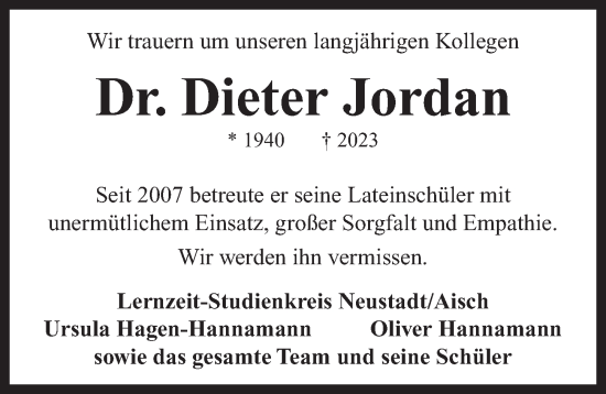 Traueranzeige von Dieter Jordan von Neustadt/ Scheinfeld/ Uffenheim