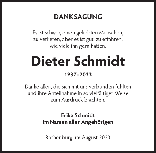 Traueranzeige von Dieter Schmidt von Rothenburg