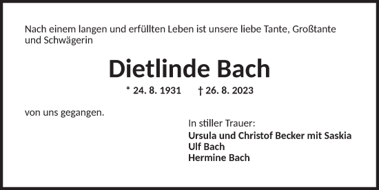 Traueranzeige von Dietlinde Bach von Ansbach