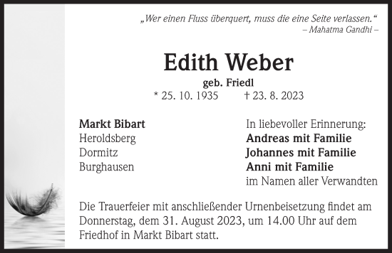 Traueranzeige von Edith Weber von Neustadt/ Scheinfeld/ Uffenheim