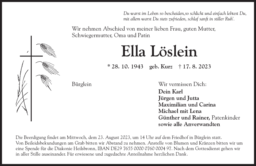  Traueranzeige für Ella Löslein vom 22.08.2023 aus Ansbach