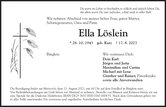 Traueranzeige von Ella Löslein von Ansbach