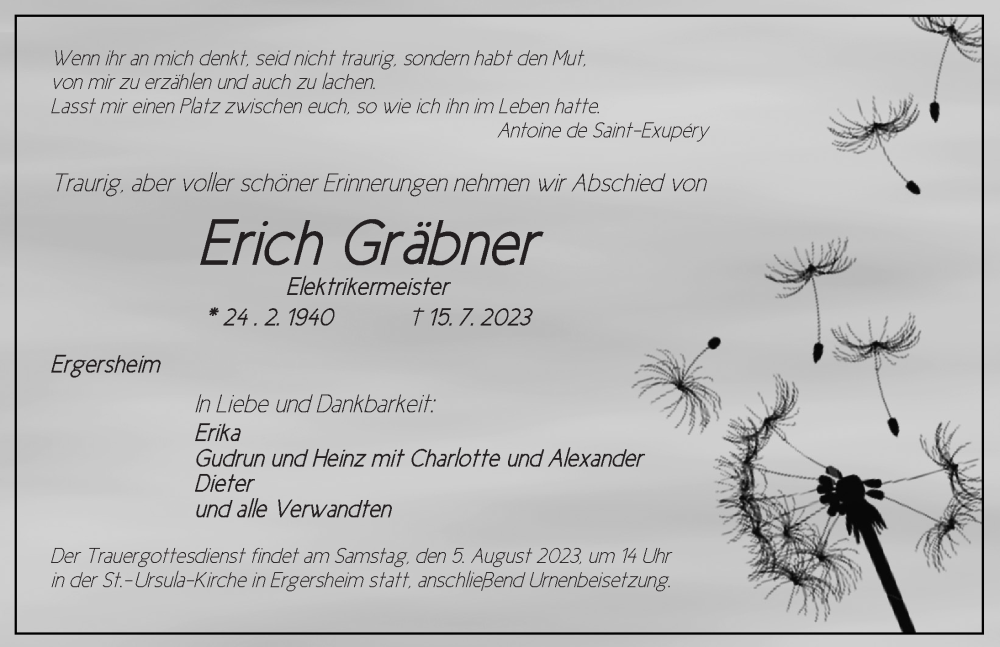  Traueranzeige für Erich Gräbner vom 01.08.2023 aus Neustadt/ Scheinfeld/ Uffenheim