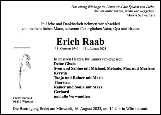 Traueranzeige von Erich Raab von Dinkelsbühl/ Feuchtwangen