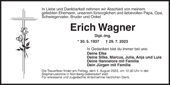 Traueranzeige von Erich Wagner von Neustadt/ Scheinfeld/ Uffenheim