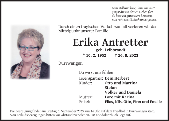 Traueranzeige von Erika Antretter von Dinkelsbühl/ Feuchtwangen