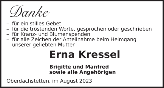 Traueranzeige von Erna Kressel von Ansbach