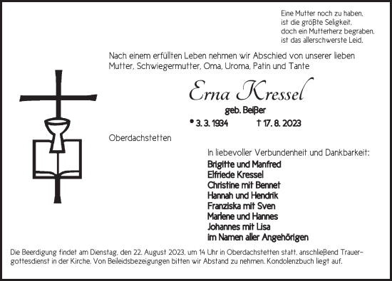 Traueranzeige von Erna Kressel von Ansbach