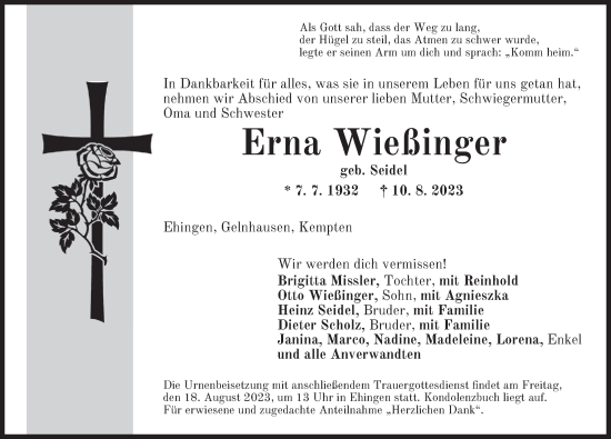 Traueranzeige von Erna Wießinger von Dinkelsbühl/ Feuchtwangen