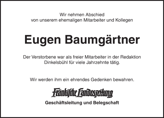 Traueranzeige von Eugen Baumgärtner von Dinkelsbühl/ Feuchtwangen