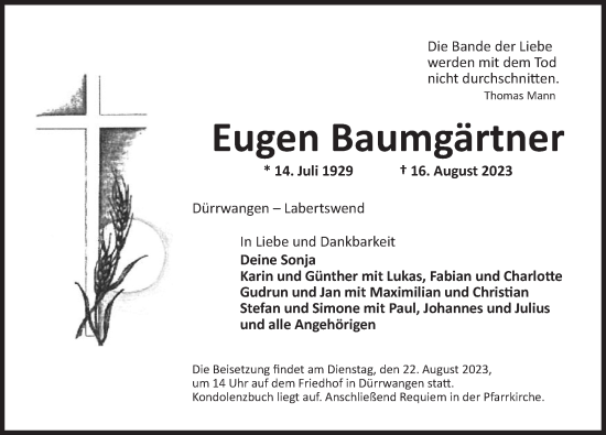 Traueranzeige von Eugen Baumgärtner von GE