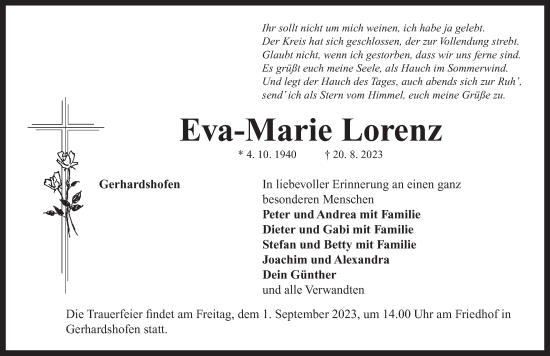Traueranzeige von Eva-Marie Lorenz von Neustadt/ Scheinfeld/ Uffenheim