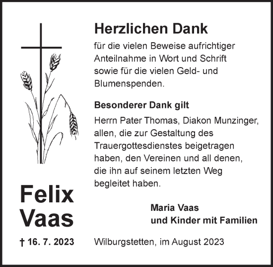 Traueranzeige von Felix Vaas von Dinkelsbühl/ Feuchtwangen