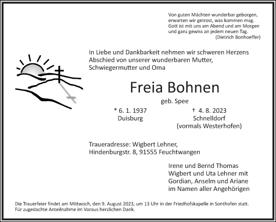 Traueranzeige von Freia Bohnen von Dinkelsbühl/ Feuchtwangen