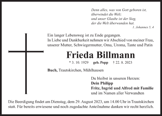 Traueranzeige von Frieda Billmann von Neustadt/ Scheinfeld/ Uffenheim