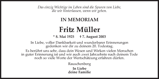 Traueranzeige von Fritz Müller von Neustadt/ Scheinfeld/ Uffenheim