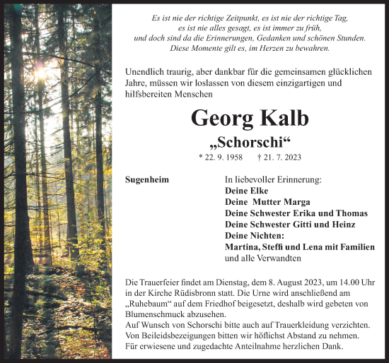 Traueranzeige von Georg Kalb von Neustadt/ Scheinfeld/ Uffenheim