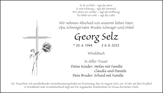 Traueranzeige von Georg Selz von Ansbach