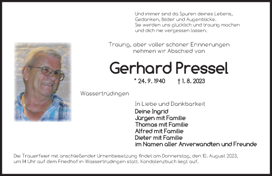 Traueranzeige von Gerhard Pressel von Dinkelsbühl/ Feuchtwangen