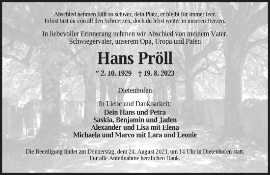Traueranzeige von Hans Pröll von Ansbach