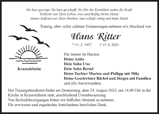 Traueranzeige von Hans Ritter von Neustadt/ Scheinfeld/ Uffenheim