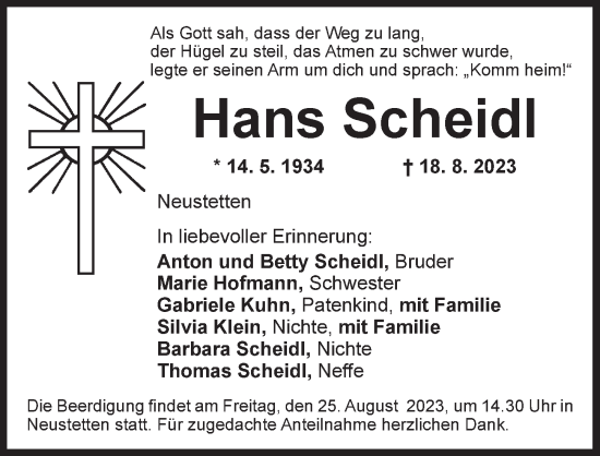 Traueranzeige von Hans Scheidl von Ansbach