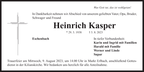 Traueranzeige von Heinrich Kasper von Neustadt/ Scheinfeld/ Uffenheim