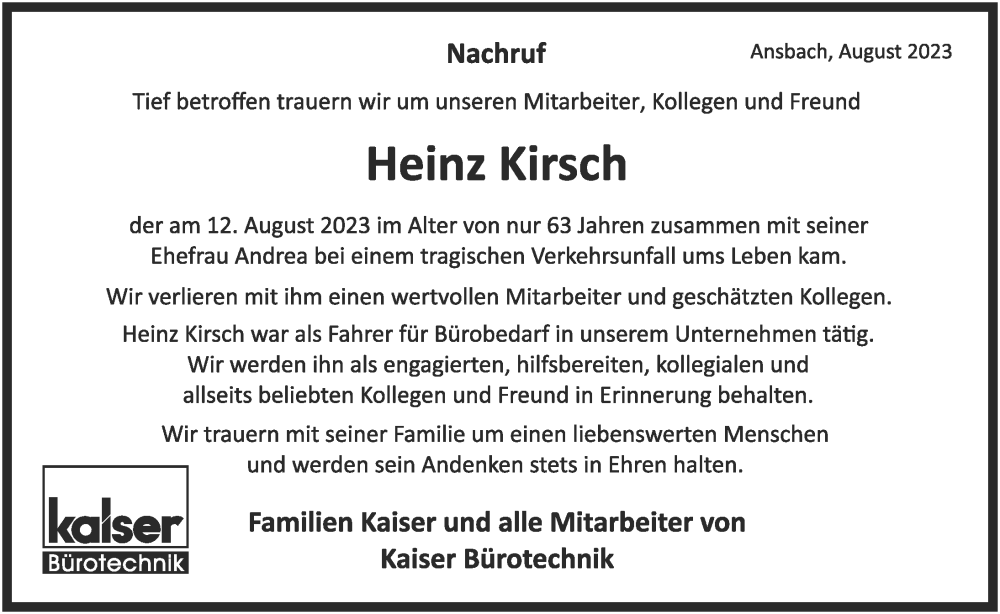  Traueranzeige für Heinz Kirsch vom 24.08.2023 aus Ansbach