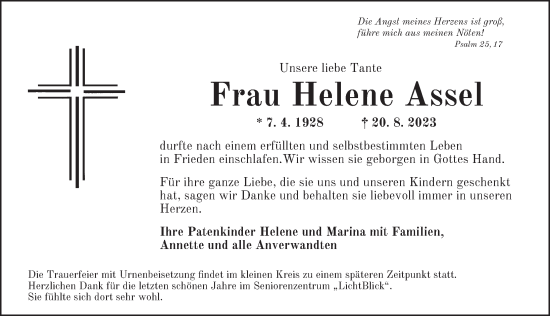 Traueranzeige von Helene Assel von Neustadt/ Scheinfeld/ Uffenheim