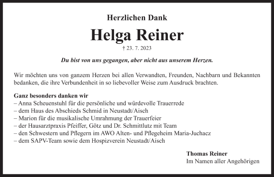 Traueranzeige von Helga Reiner von Neustadt/ Scheinfeld/ Uffenheim