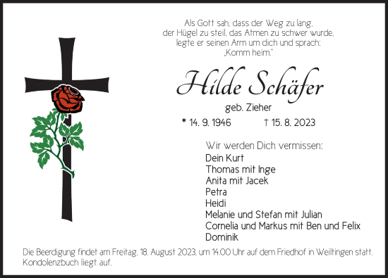 Traueranzeige von Hilde Schäfer von Dinkelsbühl/ Feuchtwangen