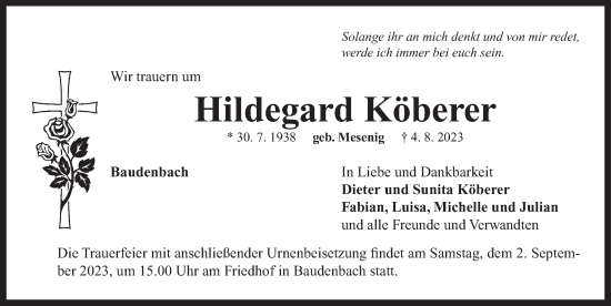 Traueranzeige von Hildegard Köberer von Neustadt/ Scheinfeld/ Uffenheim