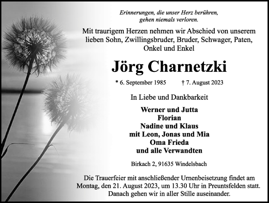 Traueranzeige von Jörg Charnetzki von Rothenburg