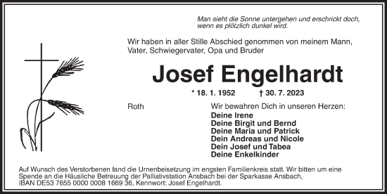 Traueranzeige von Josef Engelhardt von Ansbach