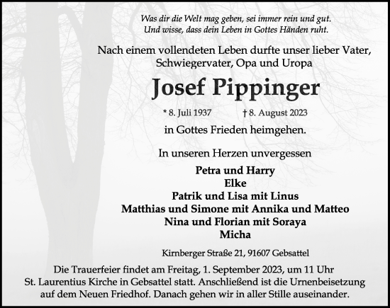 Traueranzeige von Josef Pippinger von Rothenburg